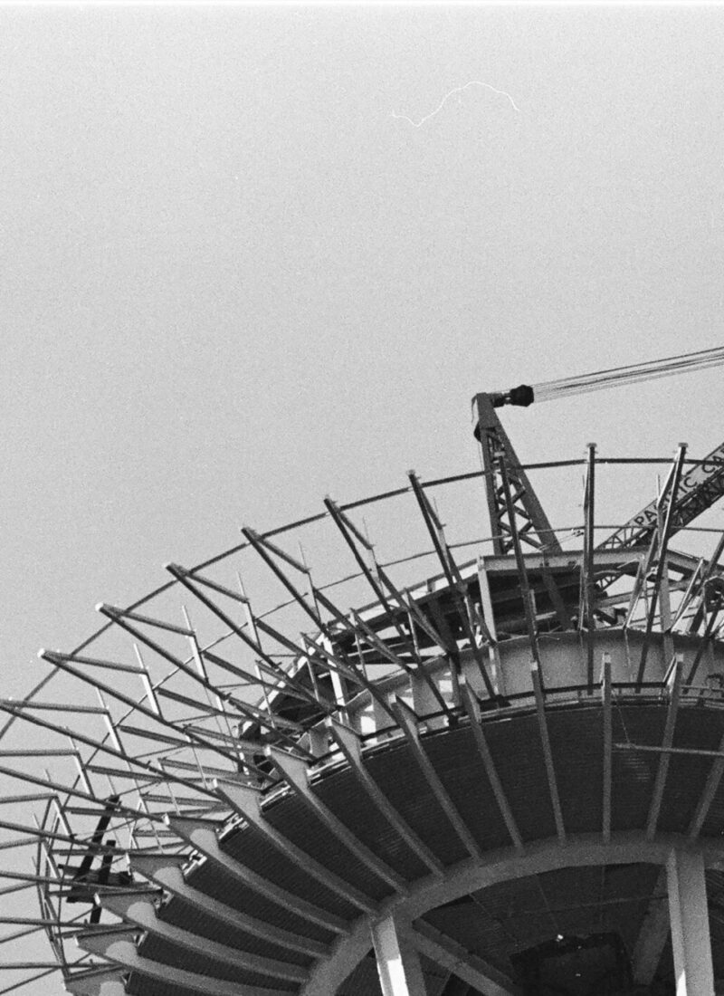 View looking up as the top of the Space Needle is under construction